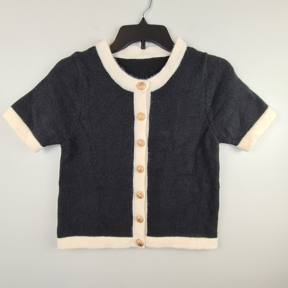 Black Short Sleeve Cardigan Cream Trim Gold Lion Buttons Cropped Knit Top Small*